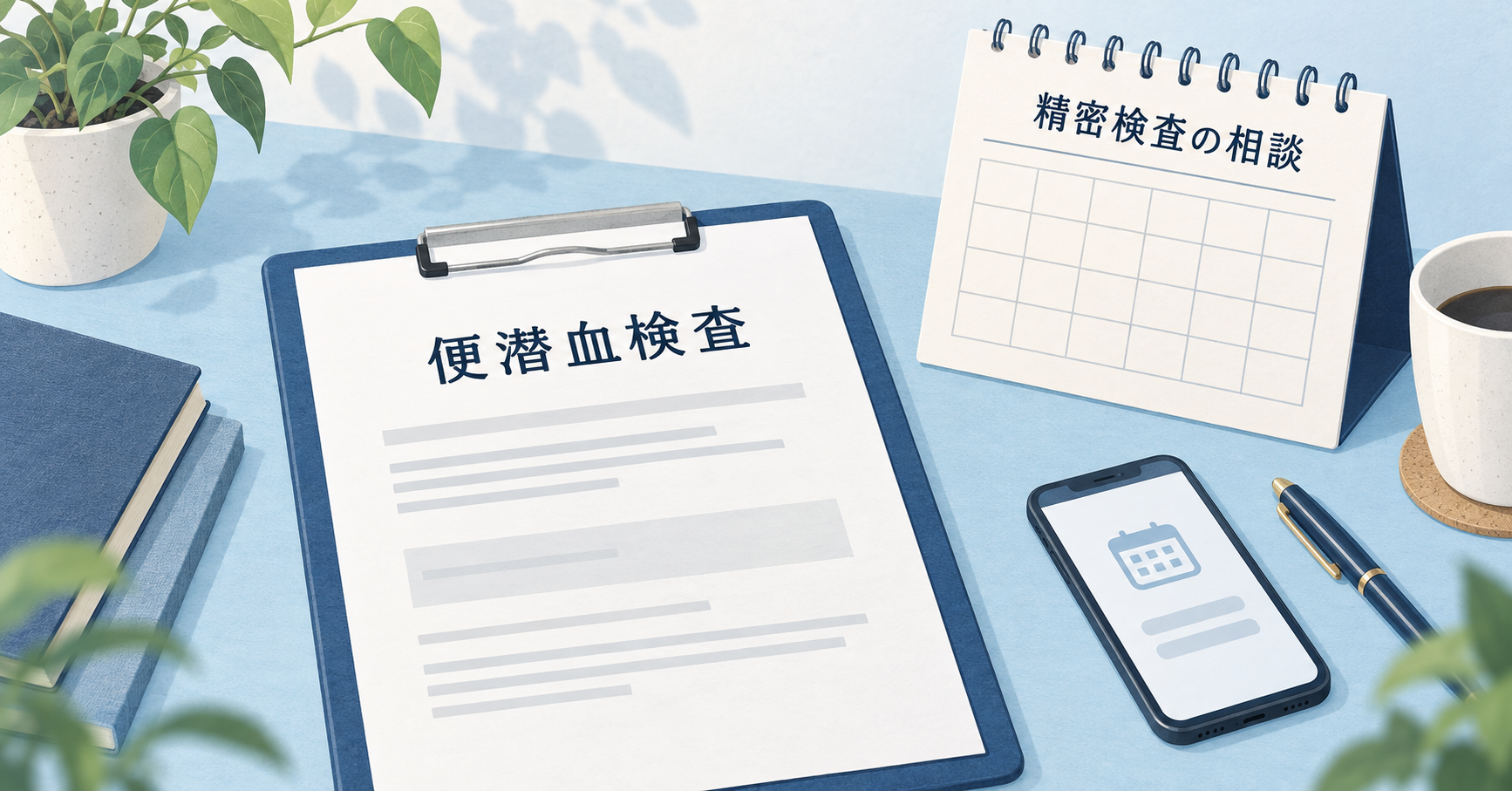 便潜血検査の結果表と、精密検査の相談を表す卓上カレンダーとスマートフォンのイメージ