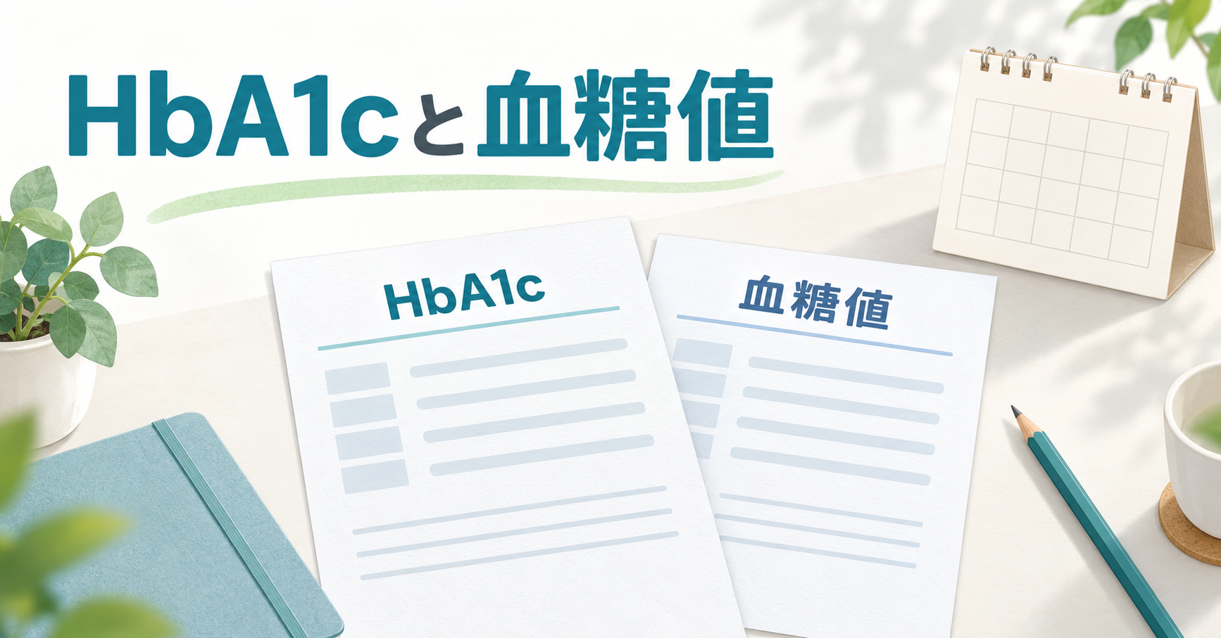HbA1cと血糖値と書かれた2枚の結果用紙、日付のないカレンダーと鉛筆のイラスト
