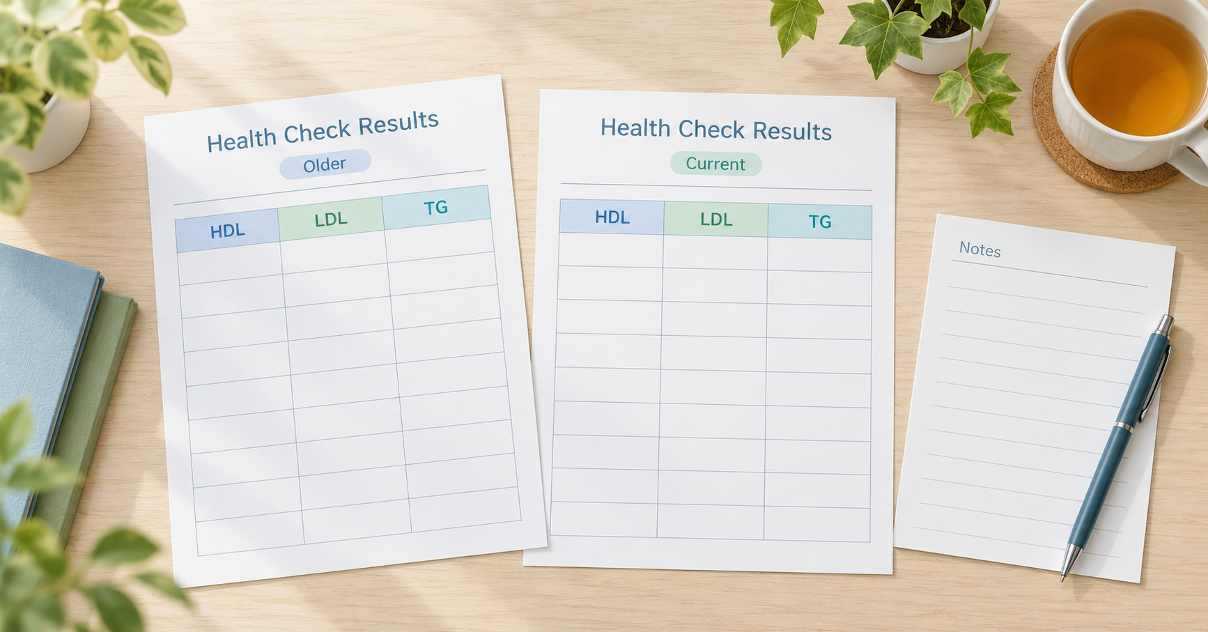 HDL・LDL・TGの欄がある今回と過去の結果用紙、メモ帳とペン