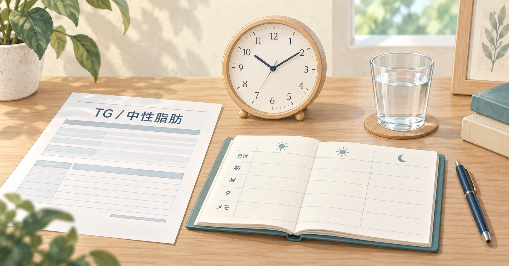 中性脂肪TGの結果用紙と食事の記録帳、時計、水のコップを並べたイラスト