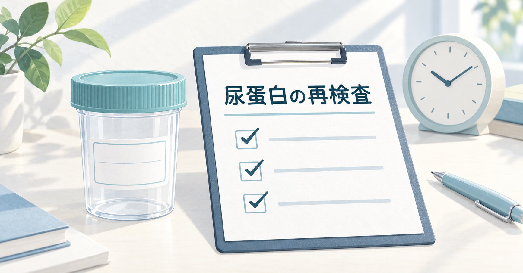 尿蛋白の再検査と書かれた確認用メモ、閉じた検体容器と朝をイメージした時計のイラスト