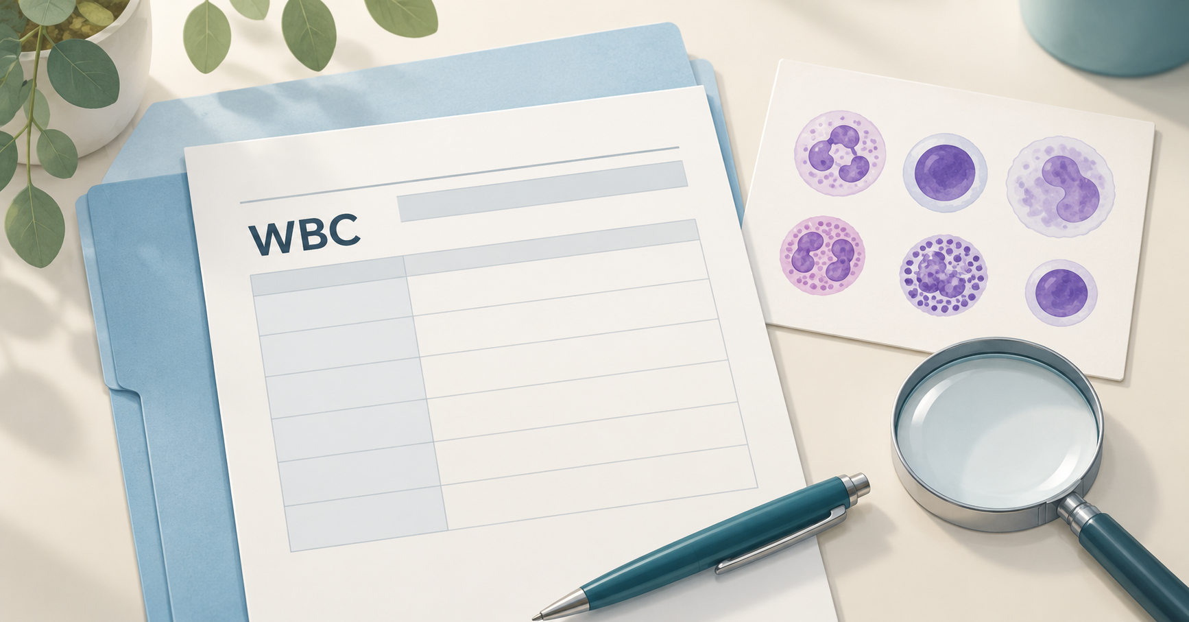 WBCと書かれた検査用紙、白血球のイラストのカード、虫眼鏡とペン